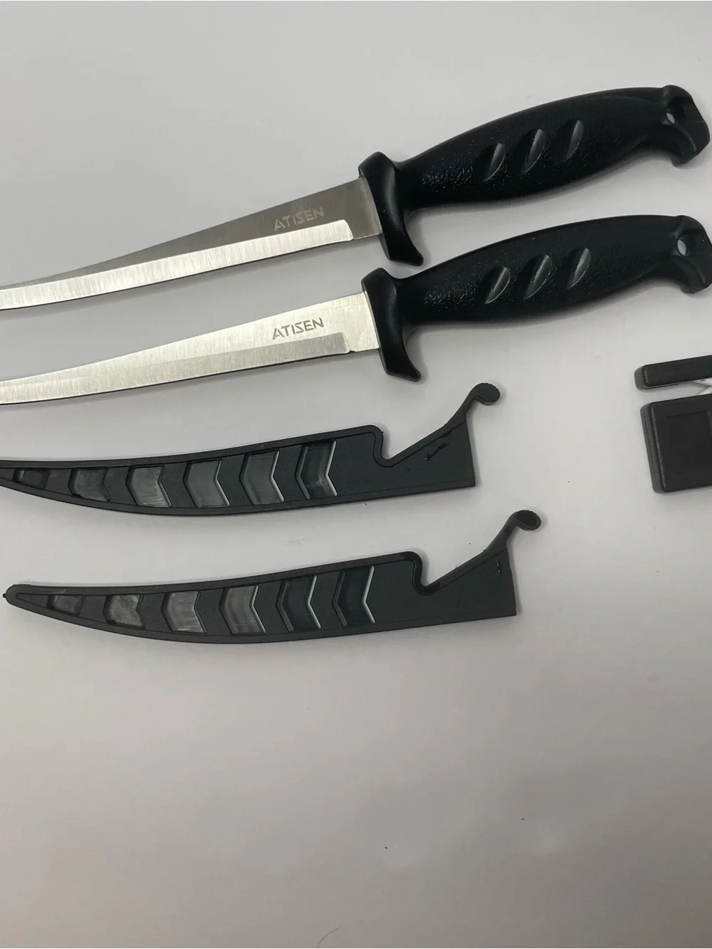New Atisen 3 Piece Fish Knives Set 2 Knives 6” Blade W Sheaths & Sharpener Black